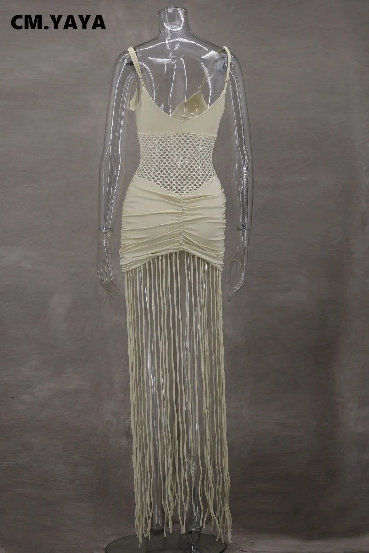 Women Spaghetti Strap V-neck Sleeveless Tassel Hollow Out Midi Maxi Dress Sexy Birthday Night Party Vestidos Dresses