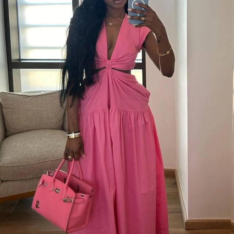 CM.YAYA Women Short Sleeve Tie Up Open Waist Deep V-neck Maxi Long Dress 2025 Summer Sexy Club Party Even Beach Vestidos Dresses