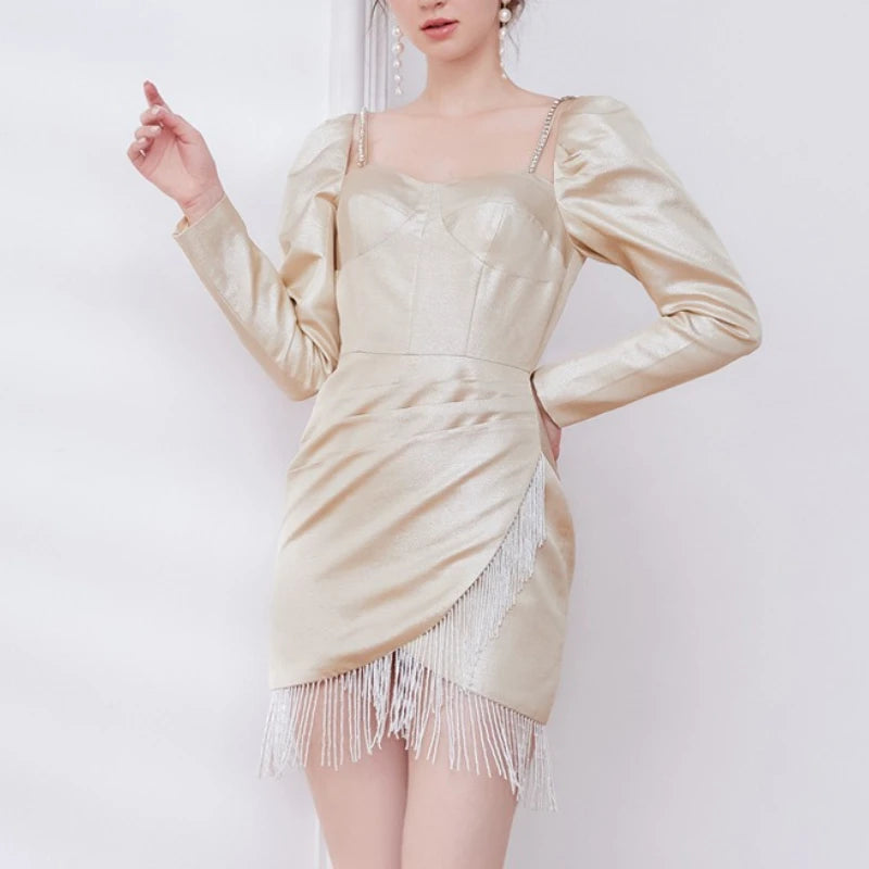 Solid Slimming Spliced Tassels Elegant Dresses for Women Square Neck Long Sleeves Patchwork Folds Dress Female New