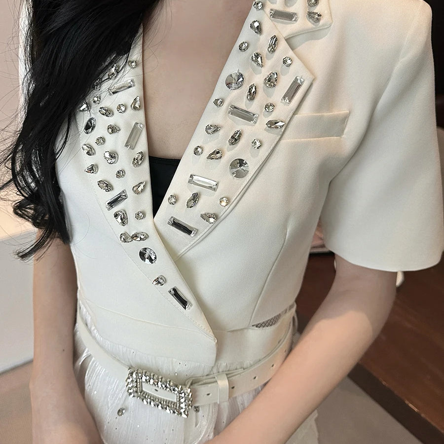 Solid Spliced Bead Belt Elegant Dresses for Women Lapel Short Sleeves Patchwor Ruffles Dress Female Clothing New