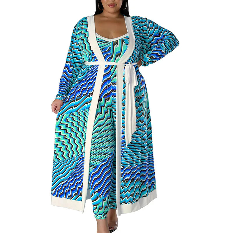 218290 Plus Size Women's Clothing 2025 Autumn New Item Long Sleeved Top with Pants Set New Product blue water