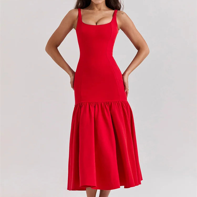 Tossy White Ruffled Patchwork Maxi Dress Female Fashion Slim High Waist Backless Pleated Summer Strapless Female Long Dress 2024 Red