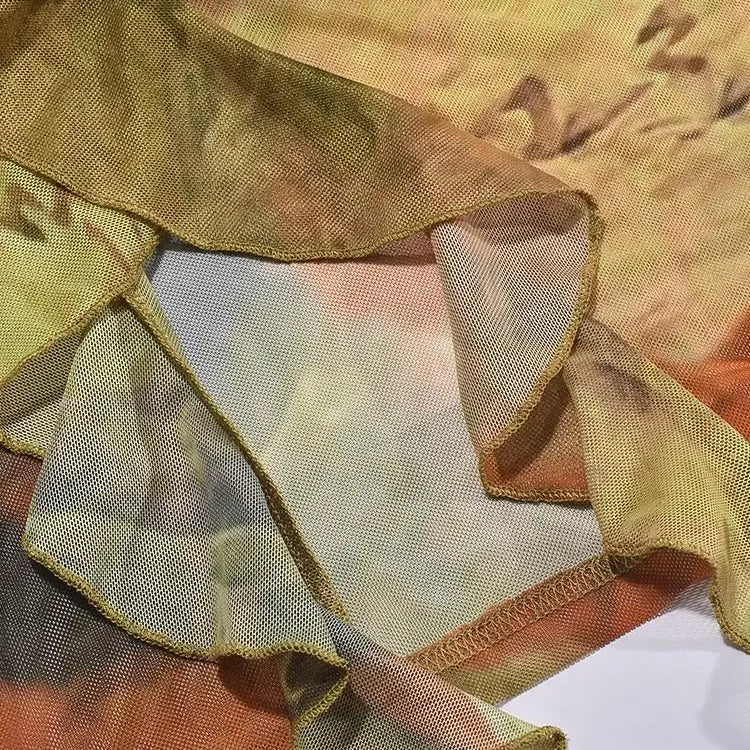 Joskaa Colorful Print Mesh Cutout Irregular Dress Women Hipster Sexy Halter Backless Split Slim Mini Dresses Holiday Wear