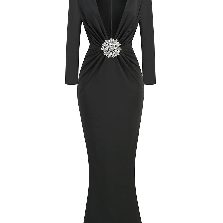 Women Celebrity Sexy Deep V Neck Black Maxi Long Rhinestone Diamonds Gowns Dress 2025 Elegant Evening Party Club Dress Vestido