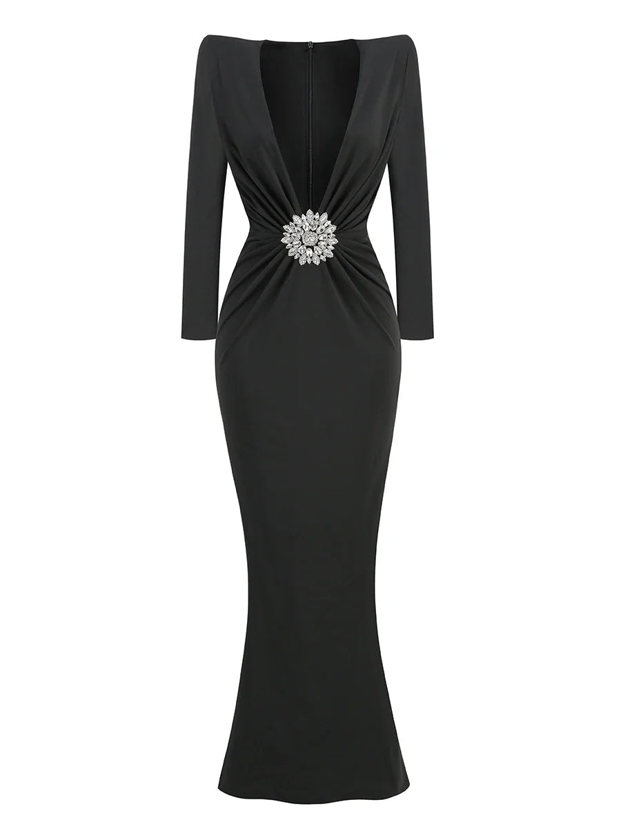 Women Celebrity Sexy Deep V Neck Black Maxi Long Rhinestone Diamonds Gowns Dress 2025 Elegant Evening Party Club Dress Vestido
