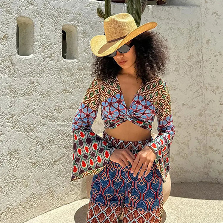 Fashion Vintage Print Long Flare Sleeve Top Wide Leg Pants Suit Elegant Women V Neck Crop Tops Elastic Waist Trousers Set Outfit