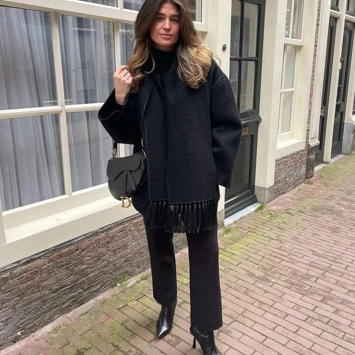 Woolen Jacket Women 2024 Autumn Winter Patchwork Tassel Coats Casual Fashion Long Sleeve Loose Top Warm Women's Suit Streetwear Black