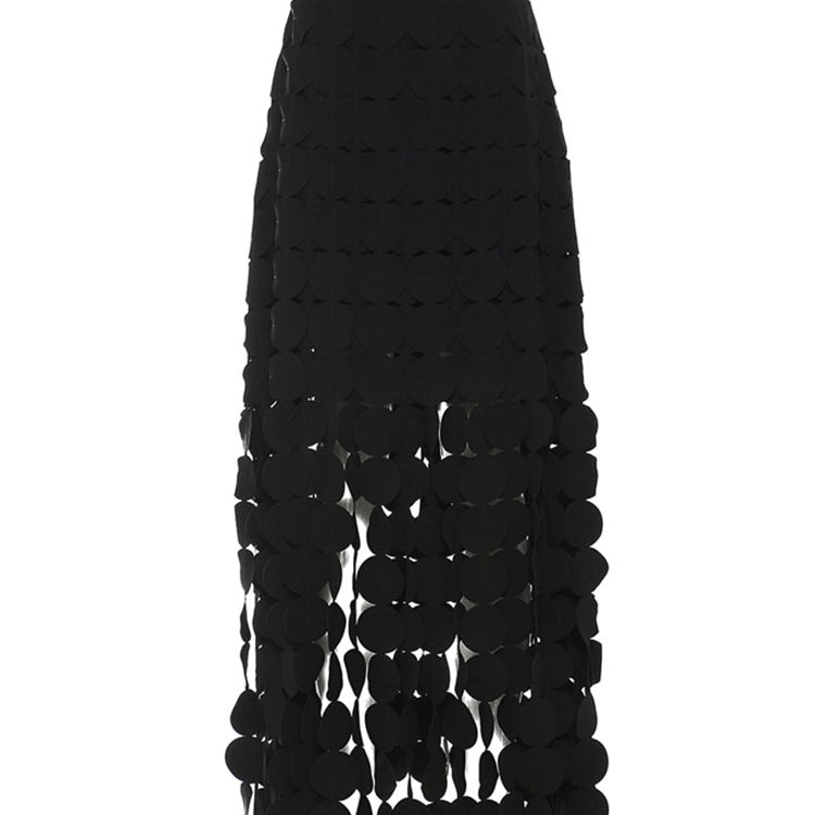 [EAM] High Waist Black Hollow Out Tassels Long Slit Elegant Half-body Skirt Women Fashion Tide New Spring Autumn 2024 1DE9035 Black