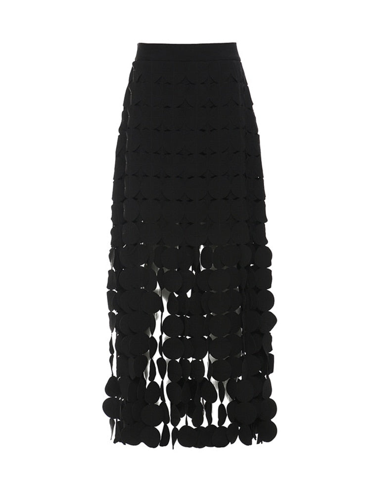 [EAM] High Waist Black Hollow Out Tassels Long Slit Elegant Half-body Skirt Women Fashion Tide New Spring Autumn 2024 1DE9035 Black