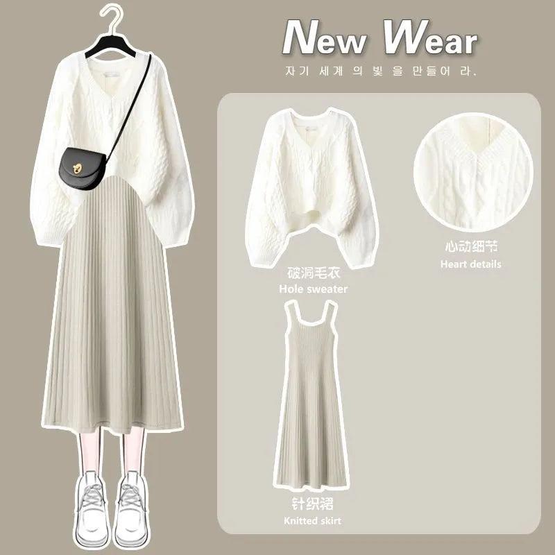 Women's 2024 Autumn Winter New Fashion V-Neck Sweater Knitted Dress Two Piece Korean Elegant Top Skirt Matching Set Female Suit Set 02