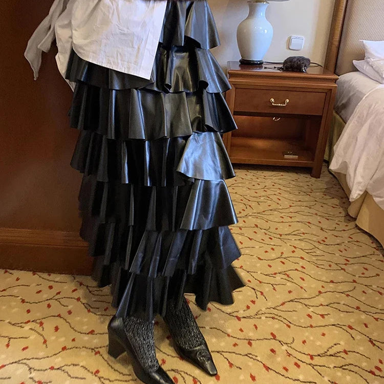 Spring Autumn Black Pu Leather Midi Tiered Skirt Women with Elastic High Waist Long Elegant Luxury Designer Clothes 2023 Black
