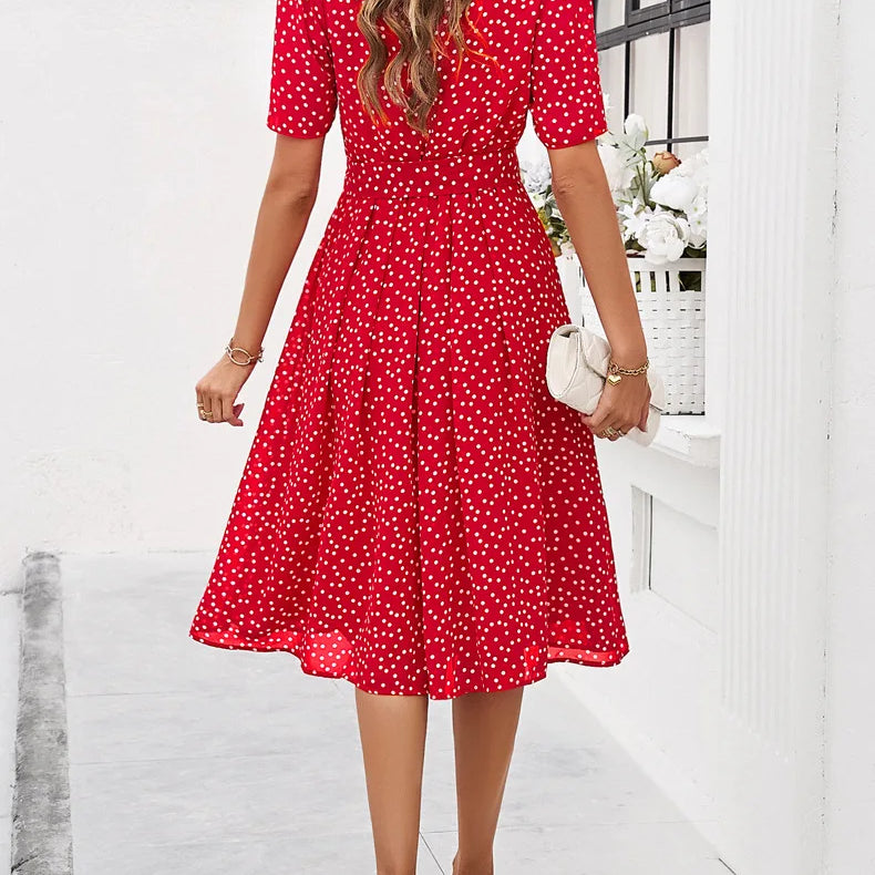 Elegant Office Lady Lace Up Dress Women Casual Short Sleeved Women's Dress 2024 Spring Summer New Polo Dot Printed Dress Up