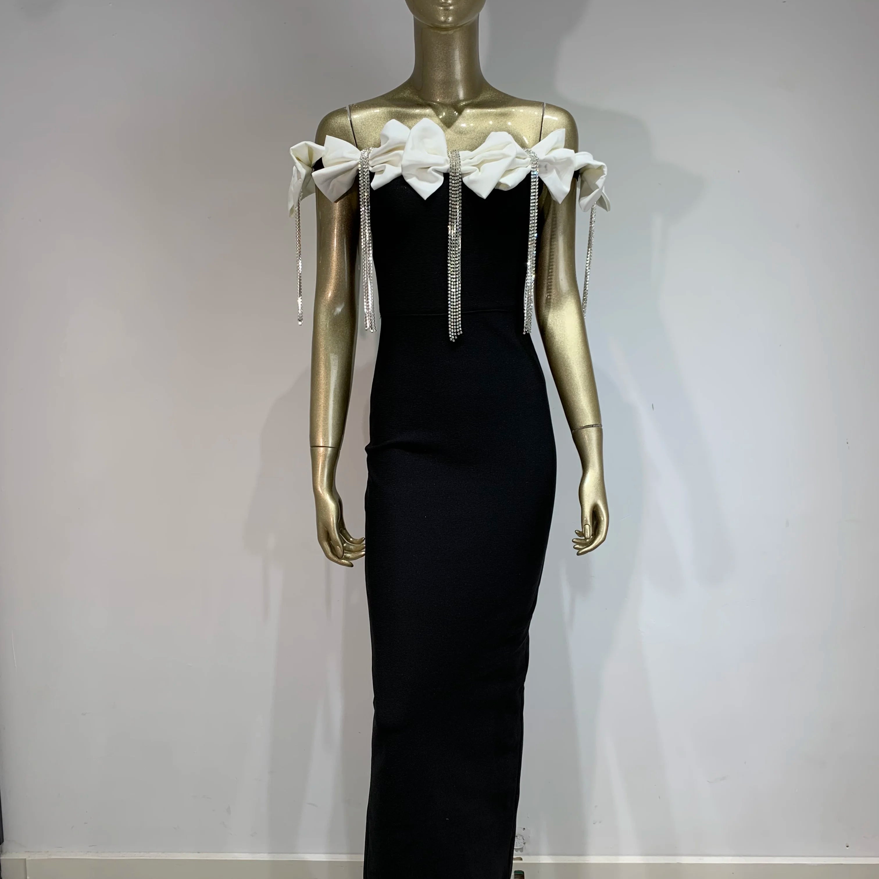 2024 New Women Sexy Off the Shoulder Bodycon Bandage Long Dress Bow Chain Elegant Evening Party Celebrate Birthday Dress
