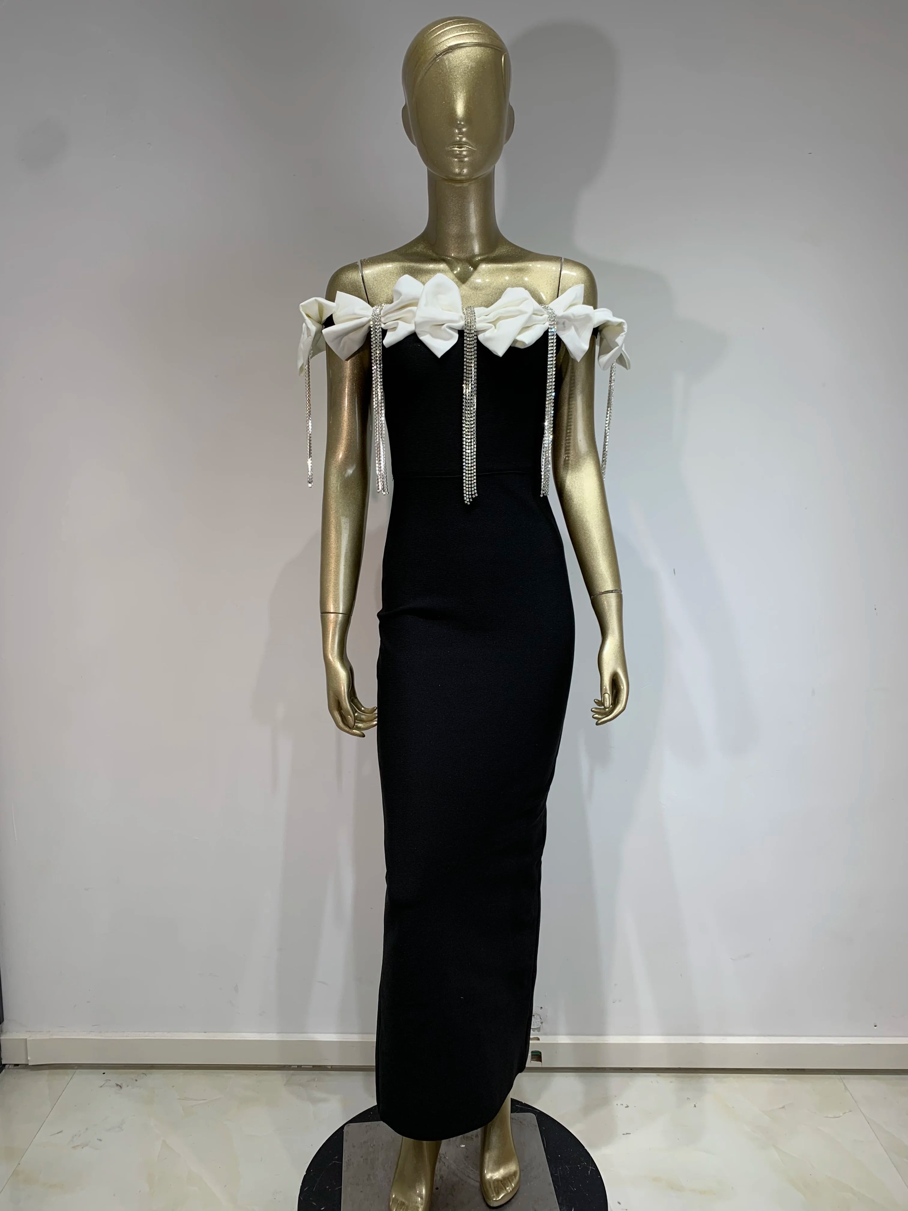 2024 New Women Sexy Off the Shoulder Bodycon Bandage Long Dress Bow Chain Elegant Evening Party Celebrate Birthday Dress