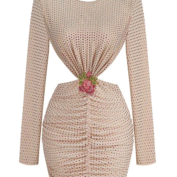 Sexy O Neck Long Sleeve Beading Mini Dress Women Flower Backless Luxury Diamonds Slim Dress Cocktail Party Evening Dresses as photo