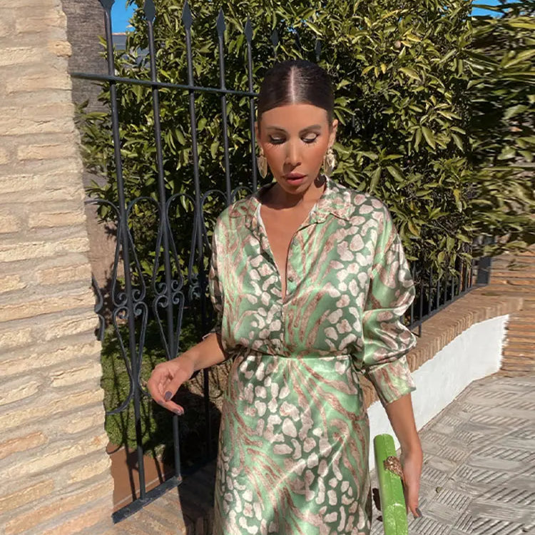 Elegant Printed Shirts Skirts For Women Fashion Lapel Sleeves High Waist 2-piece Suits Summer Lady High Streetwears