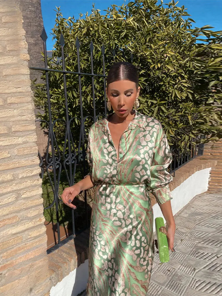 Elegant Printed Shirts Skirts For Women Fashion Lapel Sleeves High Waist 2-piece Suits Summer Lady High Streetwears