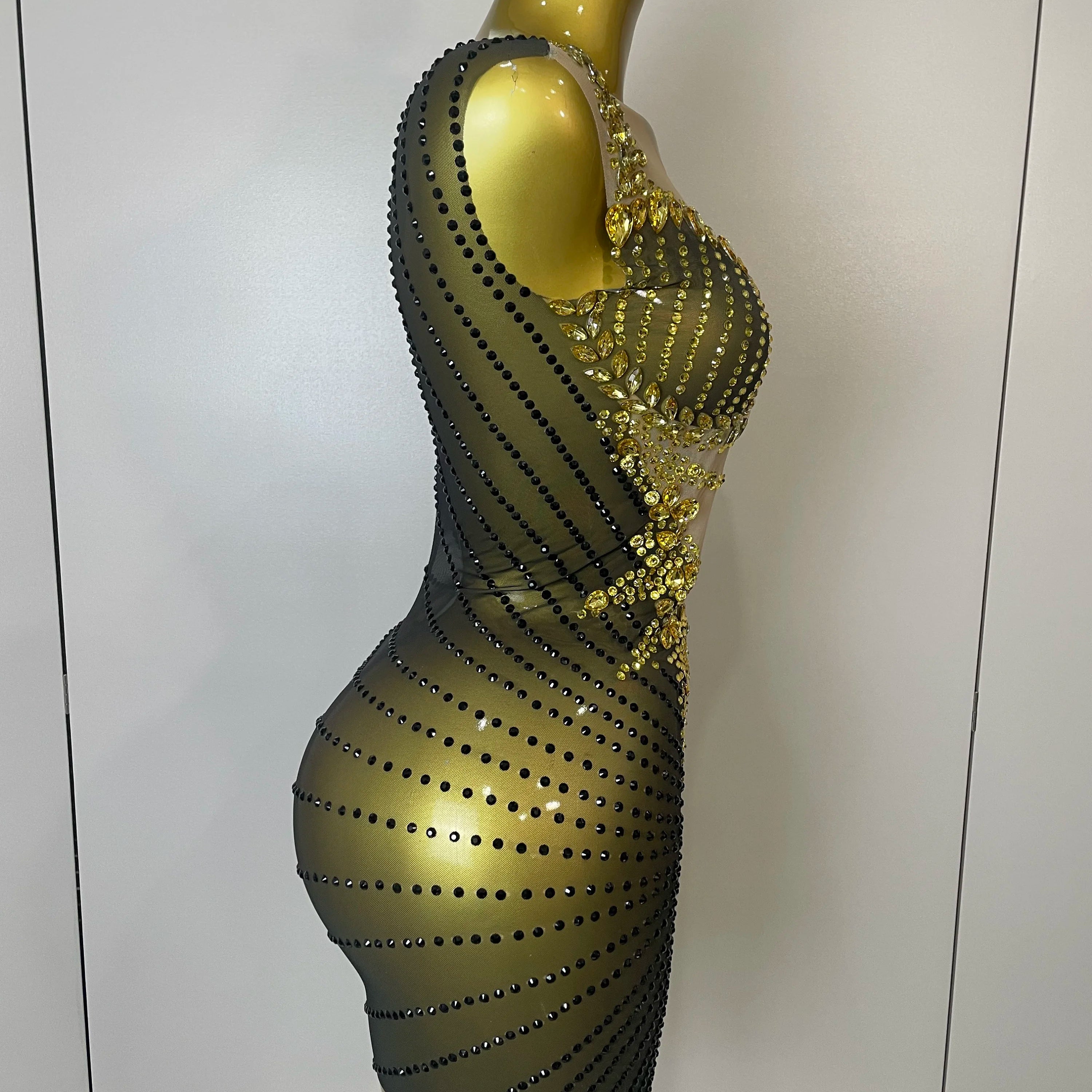 2025 Sparkly Gold Rhinestone Transparent Sleeveless Mini Dress Evening Birthday Celebrate Party Nightclub Performance Costume