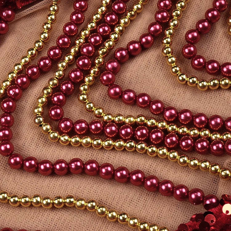 Red Shiny Sequins Pearl Chain See Through Mesh Long Dress Long Sleeves Beading Maxi Elegant Party Evening Gowns Vestido