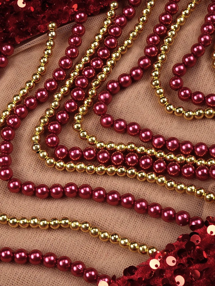 Red Shiny Sequins Pearl Chain See Through Mesh Long Dress Long Sleeves Beading Maxi Elegant Party Evening Gowns Vestido