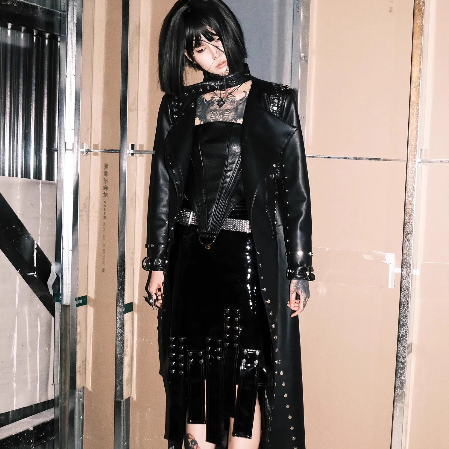 Lautaro Spring Summer Sexy Shiny Reflective Red Faux Leather Midi Asymmetrical Skirt Women Rivet Goth Style Y2K Streetwear 2025 Black