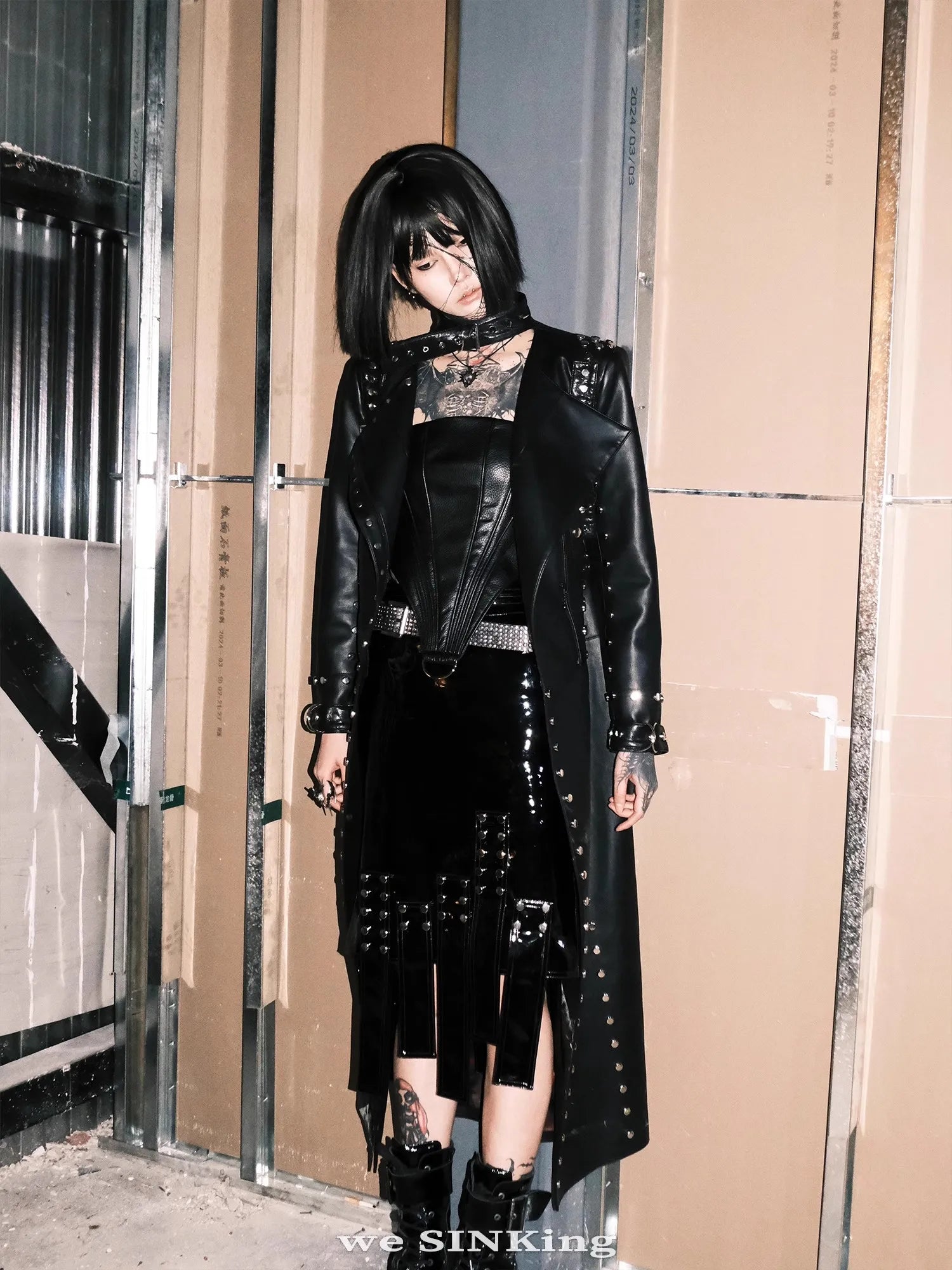 Lautaro Spring Summer Sexy Shiny Reflective Red Faux Leather Midi Asymmetrical Skirt Women Rivet Goth Style Y2K Streetwear 2025 Black