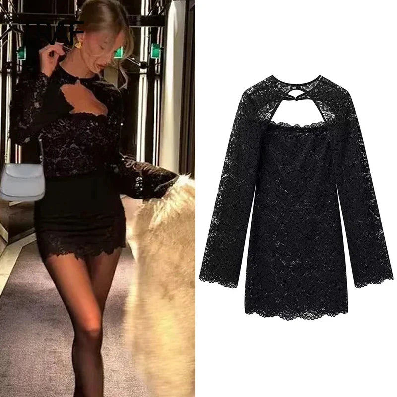 TRAF Lace Hollow Dresses Female Dresses Sumemr Mini Black Transparent Slim Lace Two Piece Set Dresses Coquette Prom Dress Luxury