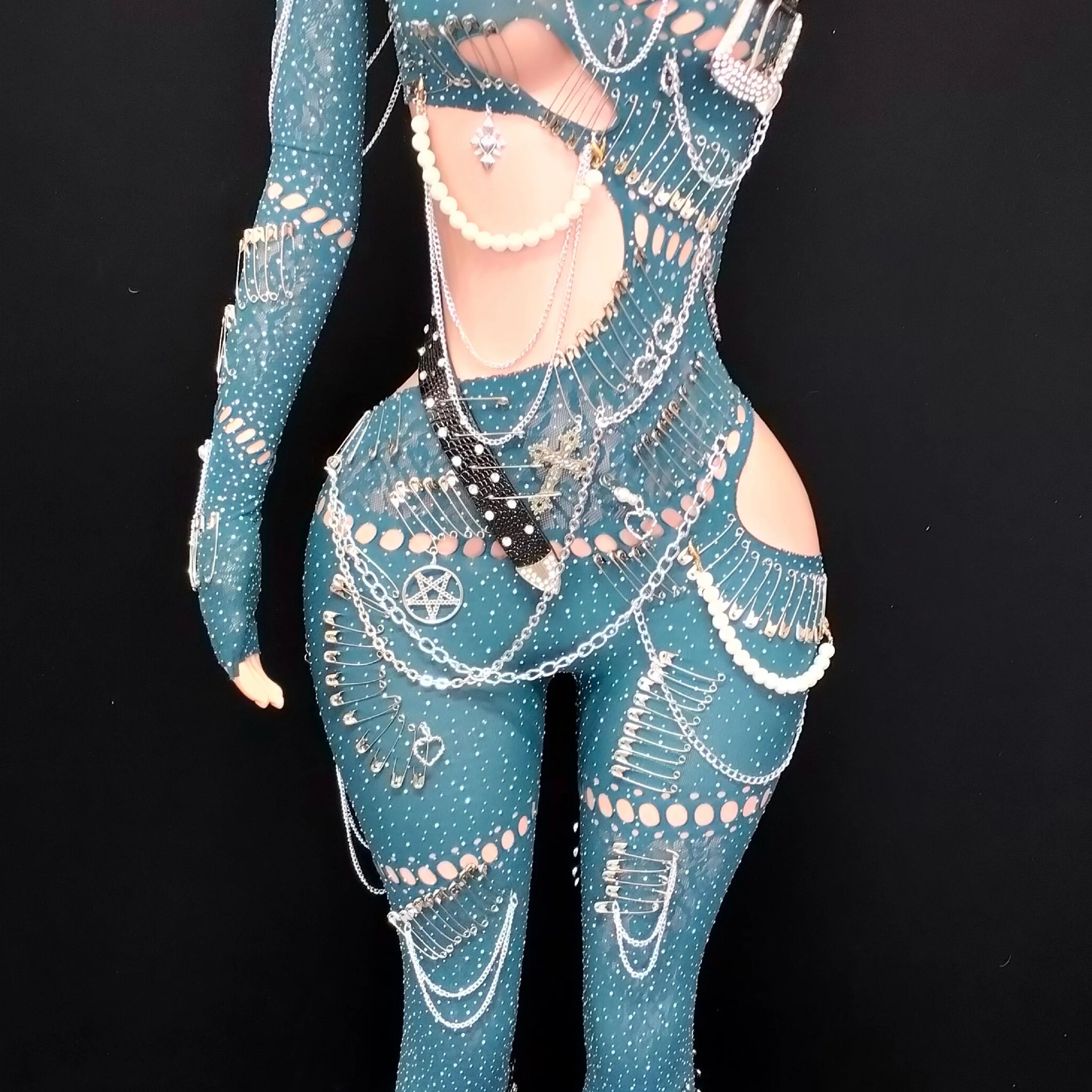 Sexy Shining Pearl Chain One Shoulder Hollow Out Jumpsuit 2025 New Women Birthday Party Nightclub Singer Performance Stage Wear Blue