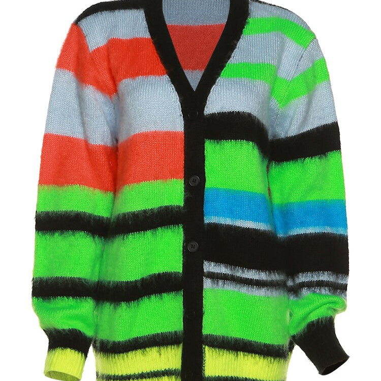 Weird Puss 2022 Cardigan Sweater Y2K Women Button Contrast Color Patchwork V-Neck Lantern Sleeve Top Street Hipster Loose Coat