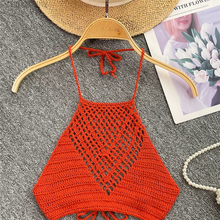 SINGREINY Summer Knit Camisole Women Hollow Out Design Solid Backless Halter Retro Fashion Ladies Sexy Beach Slim Tank Top red One Size