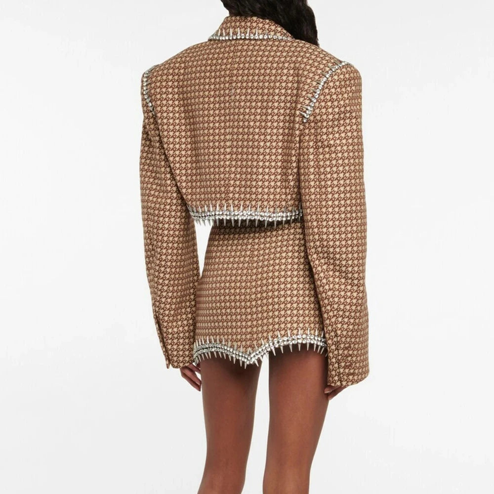 Solid Two Piece Set For Women Notched Collar Long Sleeve Spliced Diamond Blazer High Waist Skirt Casual Set Female