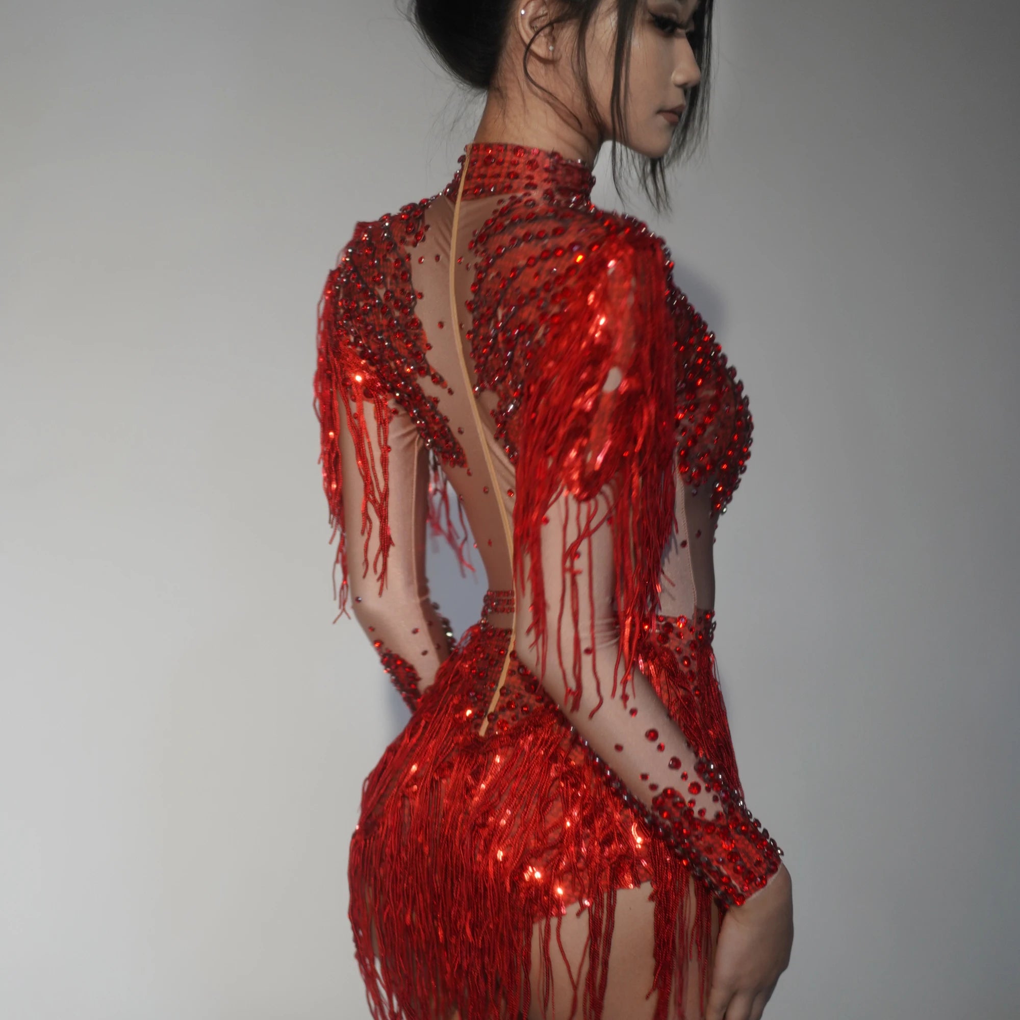 STOCK Red Women Long Sleeve Sexy Shinning Tassels Rhinestones Bodycon Bodysuit High Stretch Bar Dancer Nightclub Stage Wear