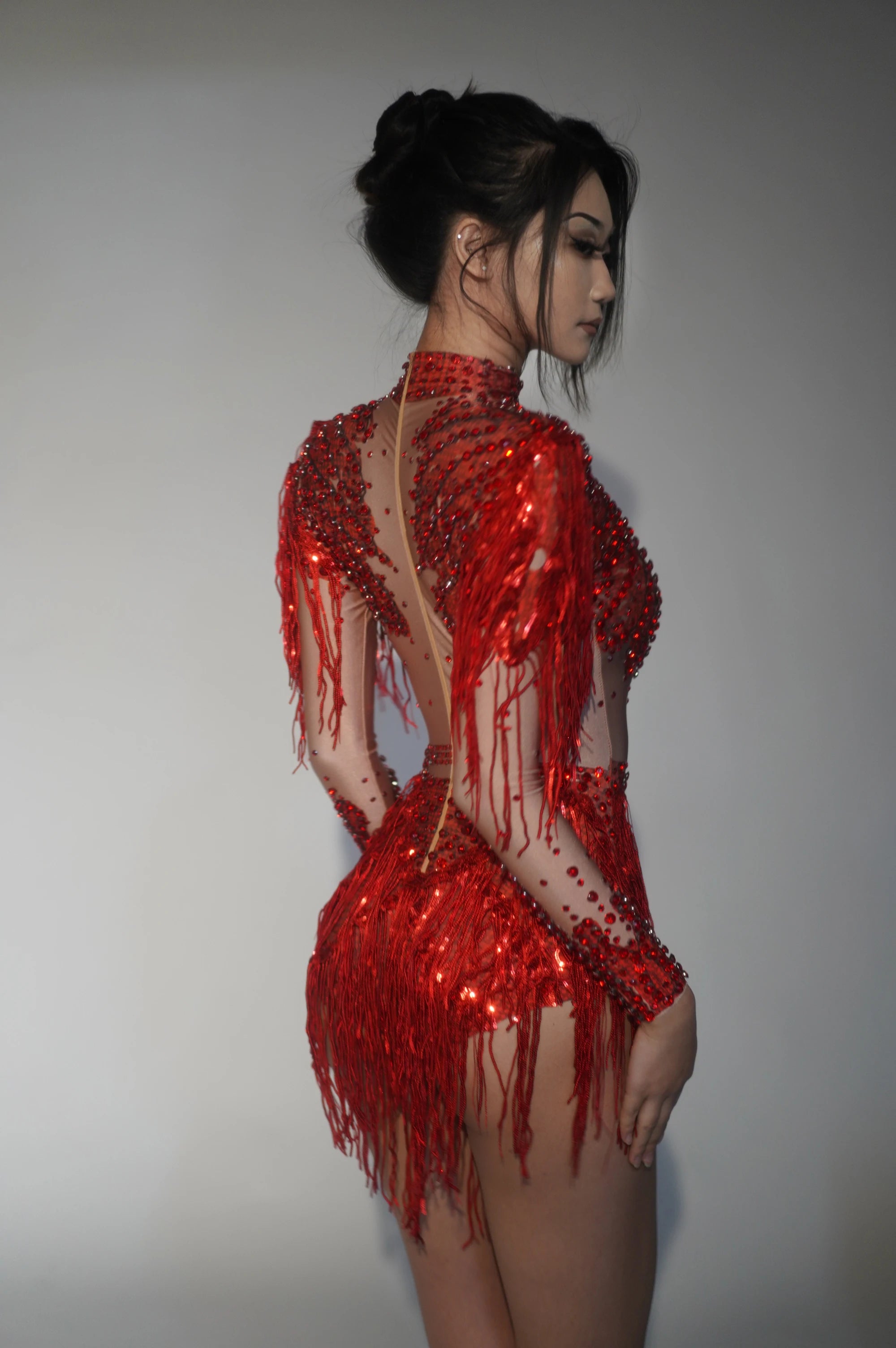 STOCK Red Women Long Sleeve Sexy Shinning Tassels Rhinestones Bodycon Bodysuit High Stretch Bar Dancer Nightclub Stage Wear