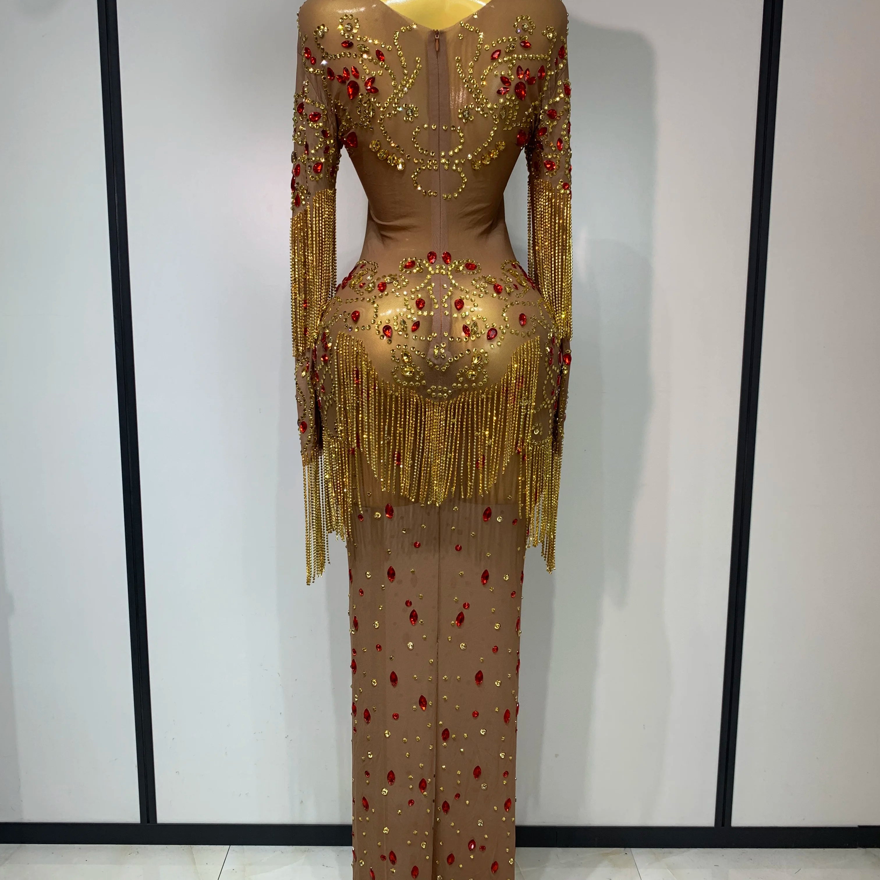 See Through Elastic Mesh Sparkly Rhinestone Stage Performan Costume Luxury Birthday Evening Party Wedding Dress