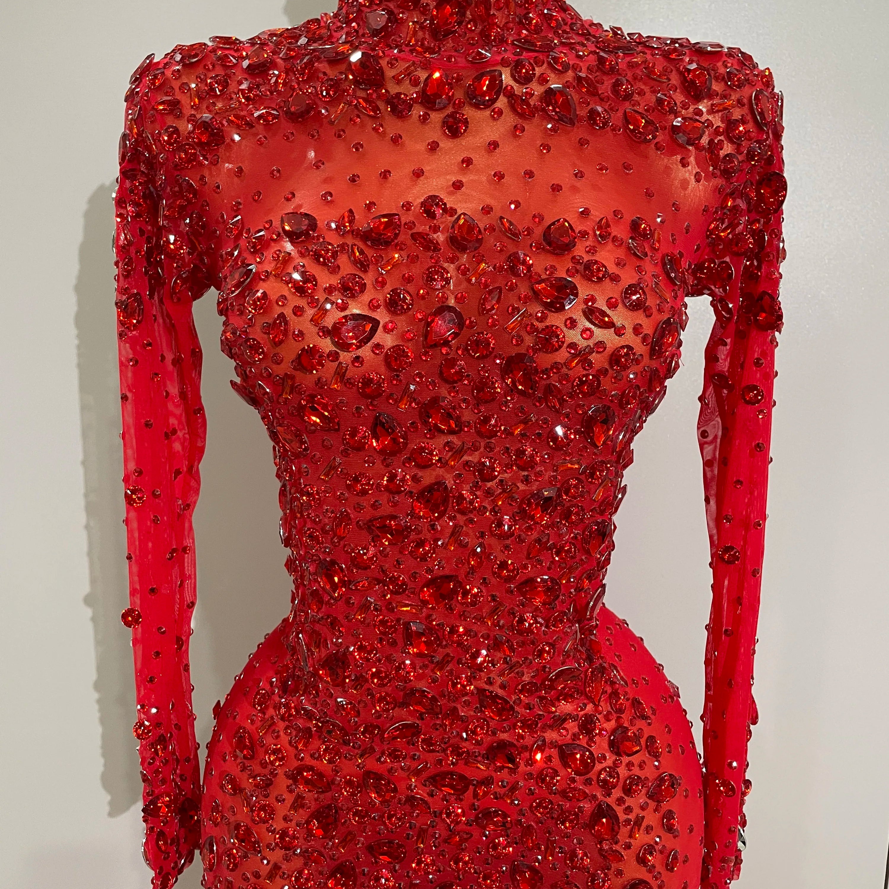 2025 New Sparkling Red Crystals Feathers Long Sleeve Mermaid Maxi Dress Women Wedding Celebrate Luxury Birthday Party Prom Gown