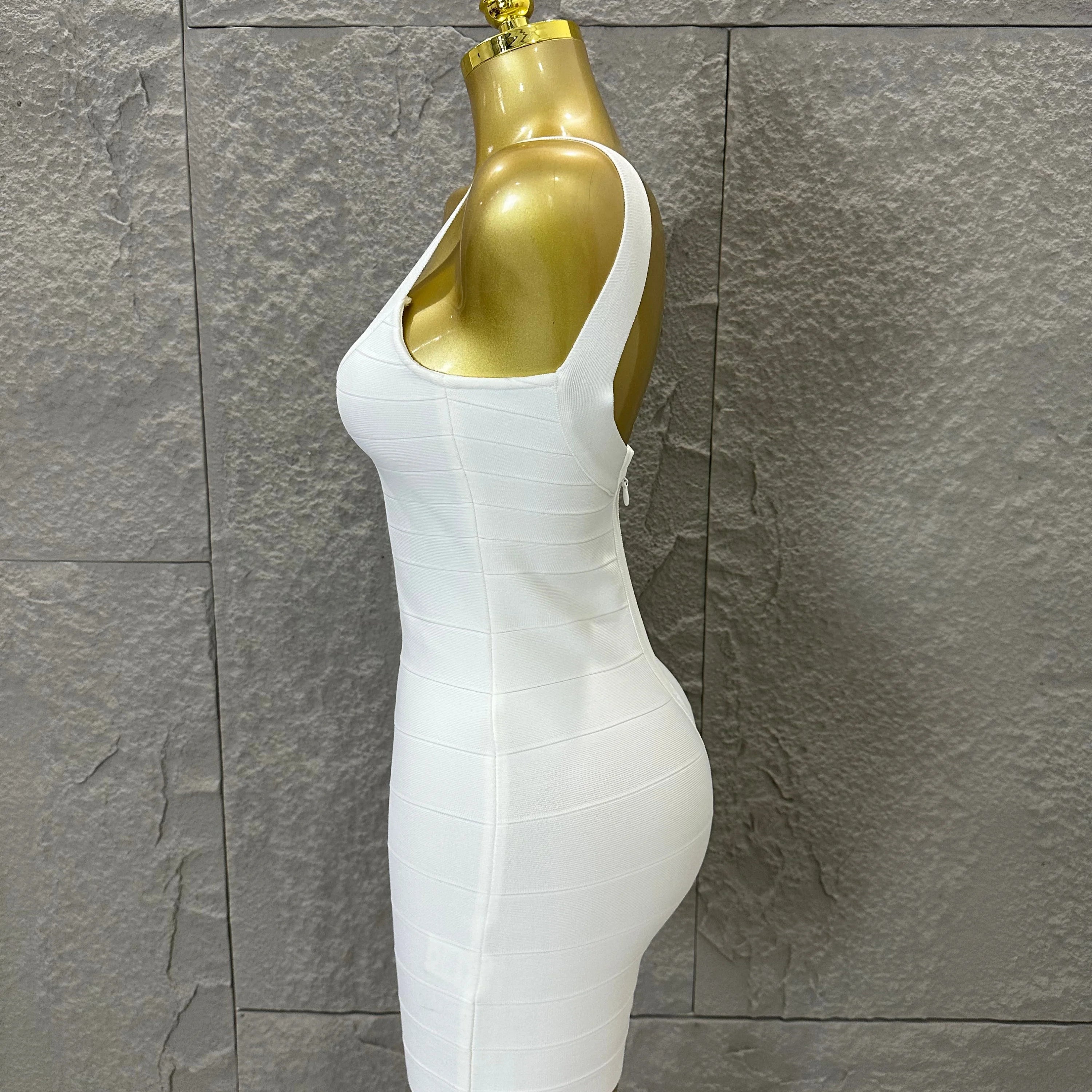 Elegant White Bandage Mini Dress Women Sexy Scoop Neck Sleeveless Bodycon Evening Party Cocktail Party Costume