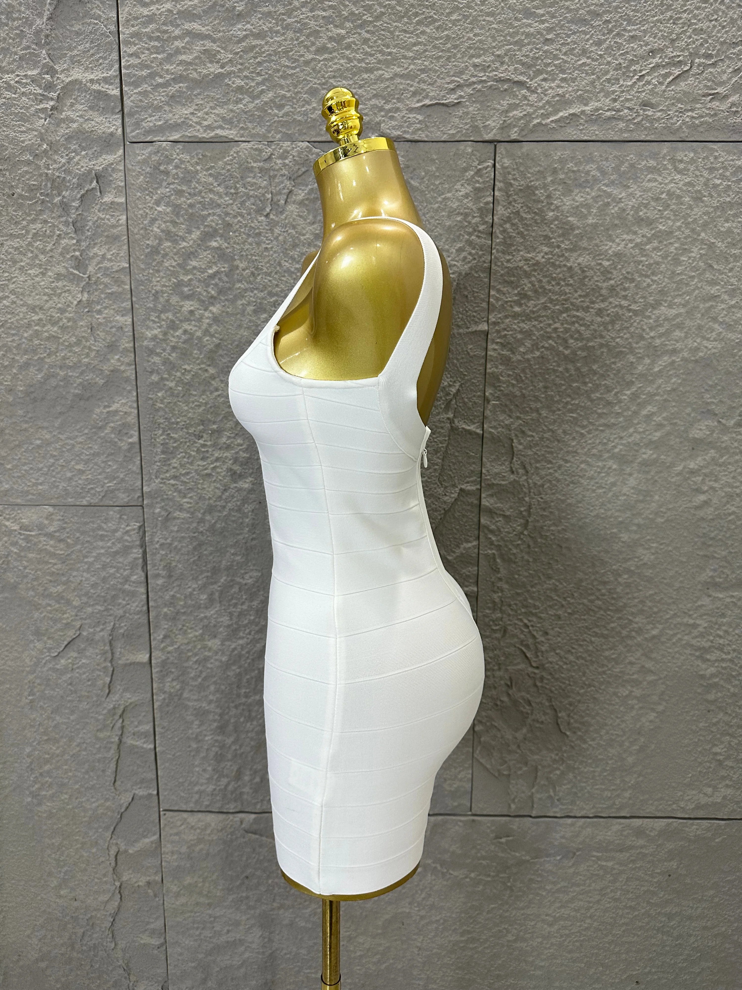Elegant White Bandage Mini Dress Women Sexy Scoop Neck Sleeveless Bodycon Evening Party Cocktail Party Costume