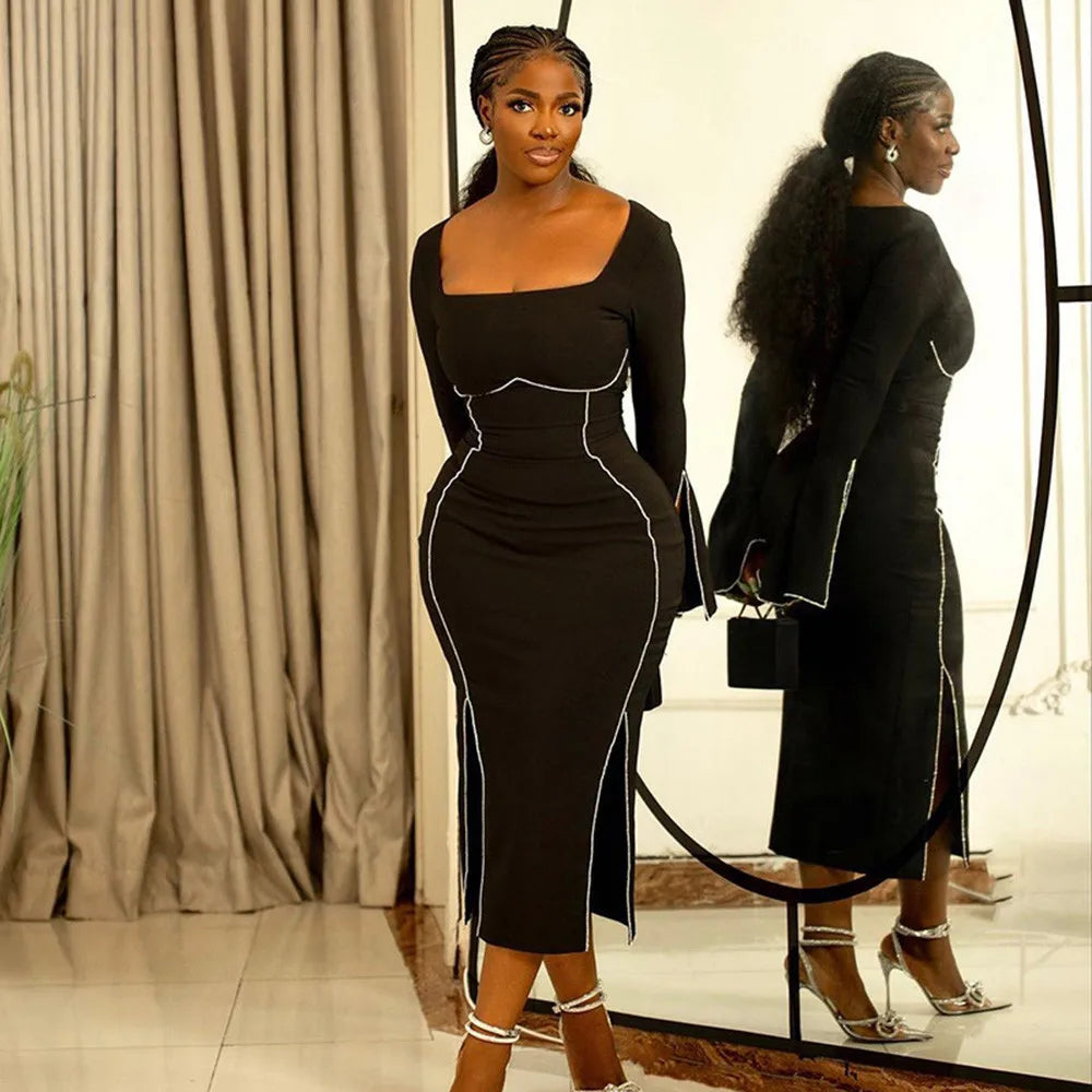 Women Long Sleeve Sexy Square Collar Zipper Bodycon Mid-calf Bandage Dress Celebrate Fashion Evening Party Dress black