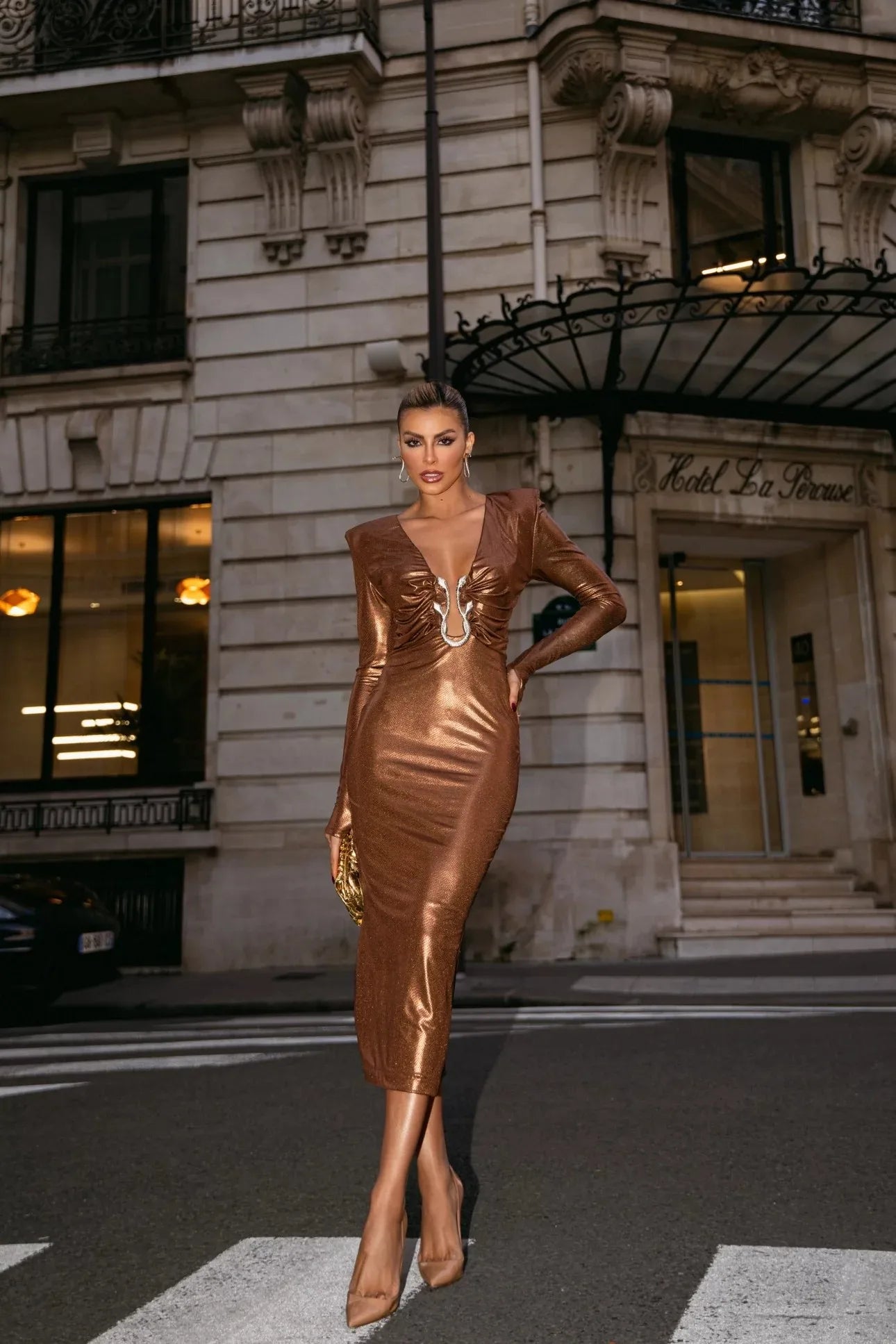 Brown Black Color Women Long Sleeve Sexy V-Neck Bodycon Mid-calf Dress High Street Celebrate Cocktail Dress Vestido