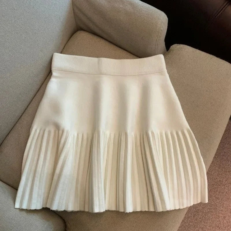 Pleated Skirt Women's Winter High-waisted A-line Skirt Knitted Skirt Preppy Style Women Clothing Apricot One size