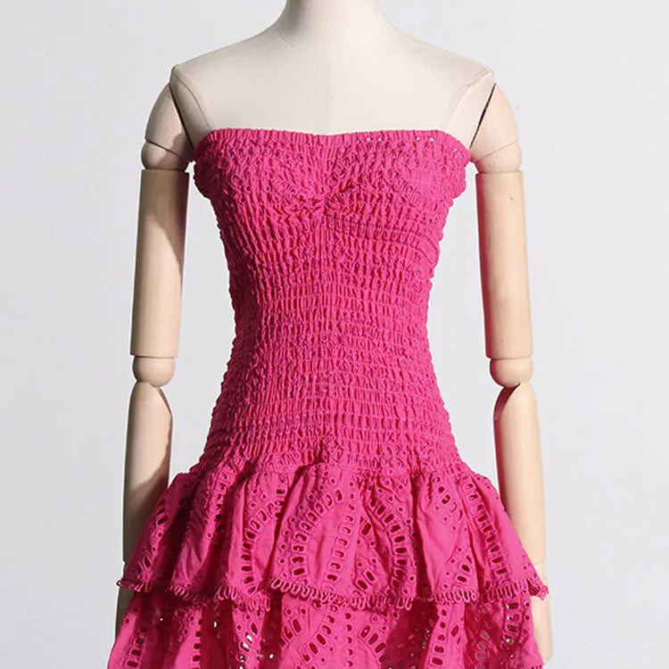 Women Print Strapless Mini Dress Sexy Slim Backless Sleeveless Ruffles High Waist Vestidos Summer Ladies Party Club Dress 2024 rose red