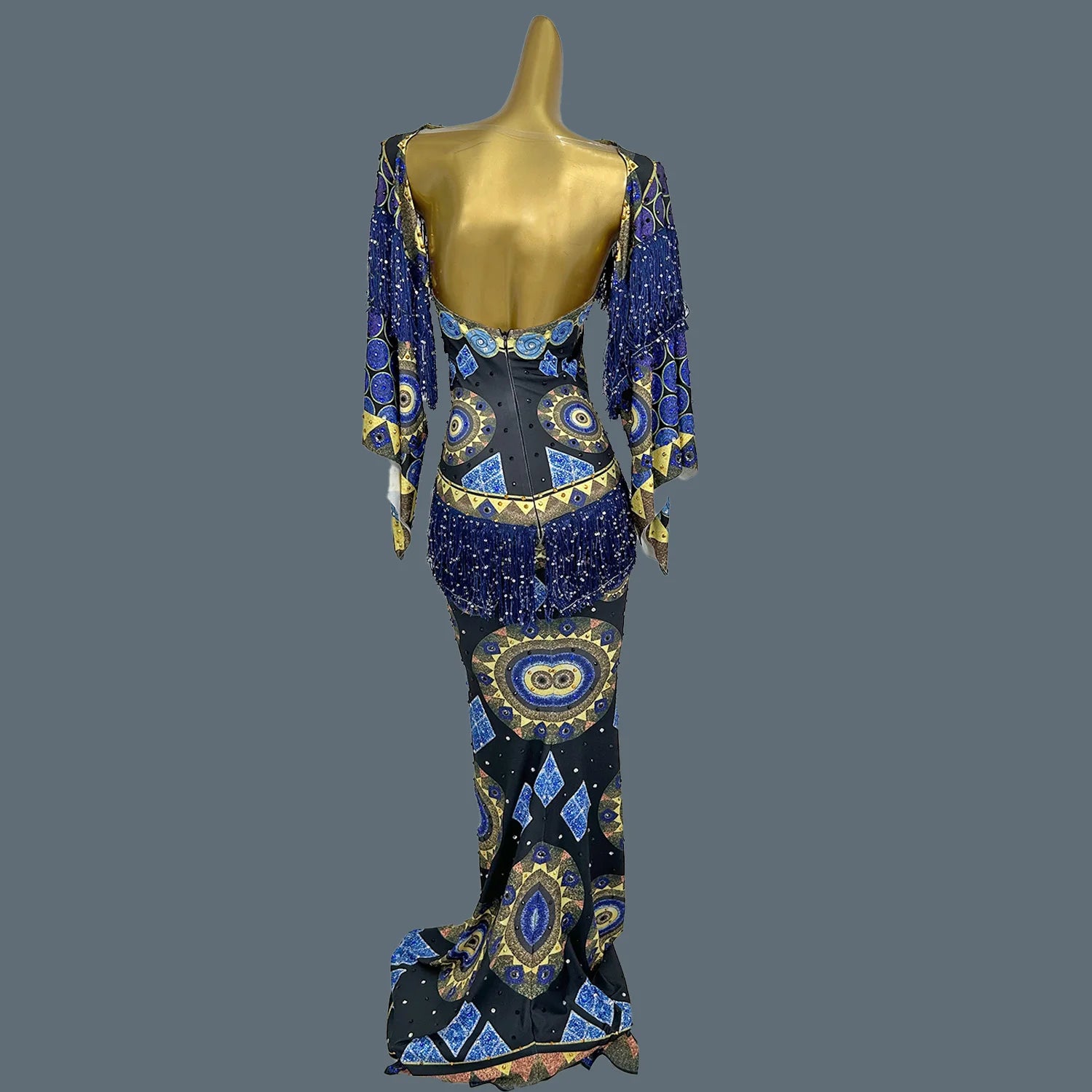 Spandex Bodycon Evening Gown Printing Tassel Long Dress Birthday Celebrate Party Queen Outfit Festival Event Couture Chengbao