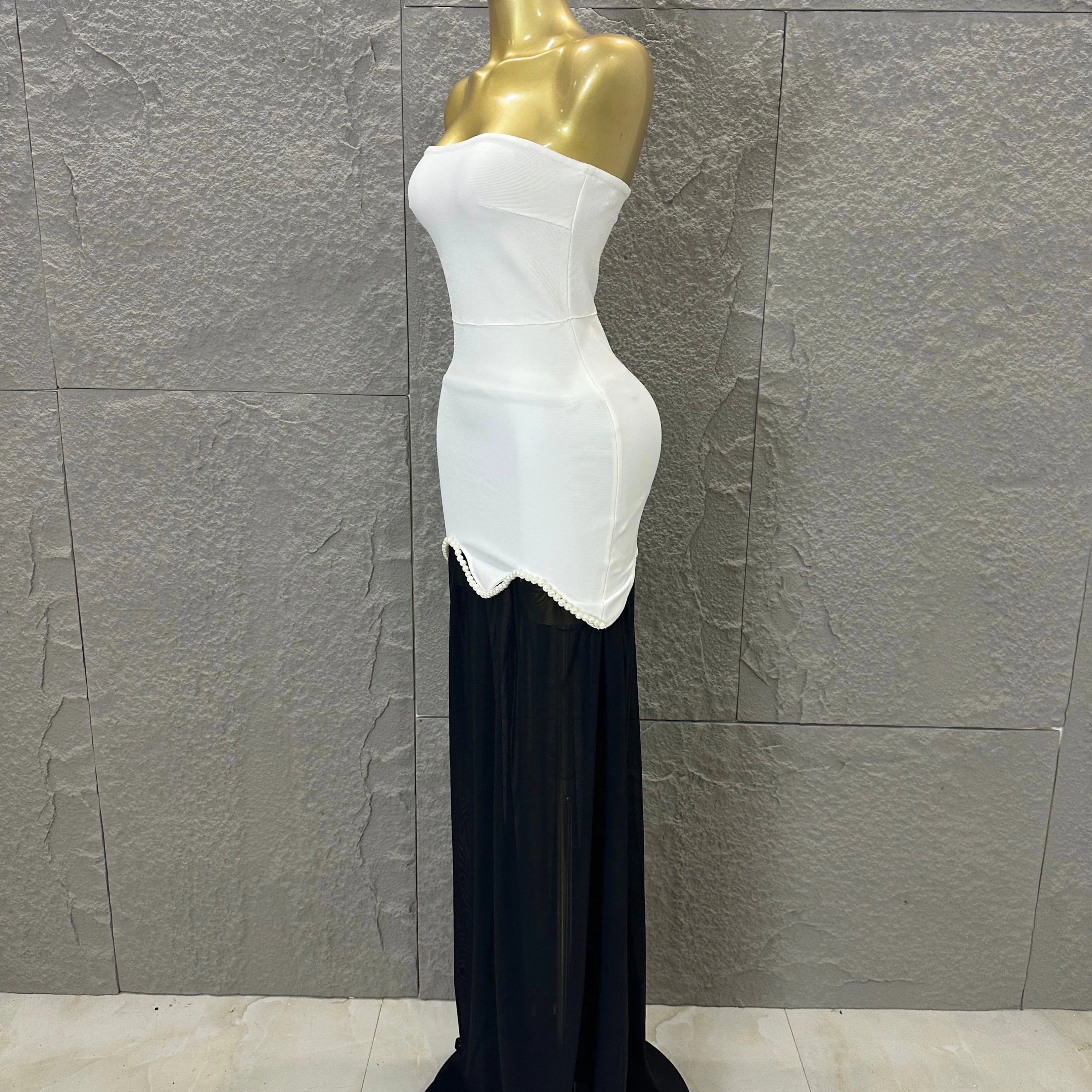 Sexy Black White Maxi Dress Women Sexy Strapless Pearl Embellished Sheer Tulle Bodycon Outfit Formal Event Evening Party Costume