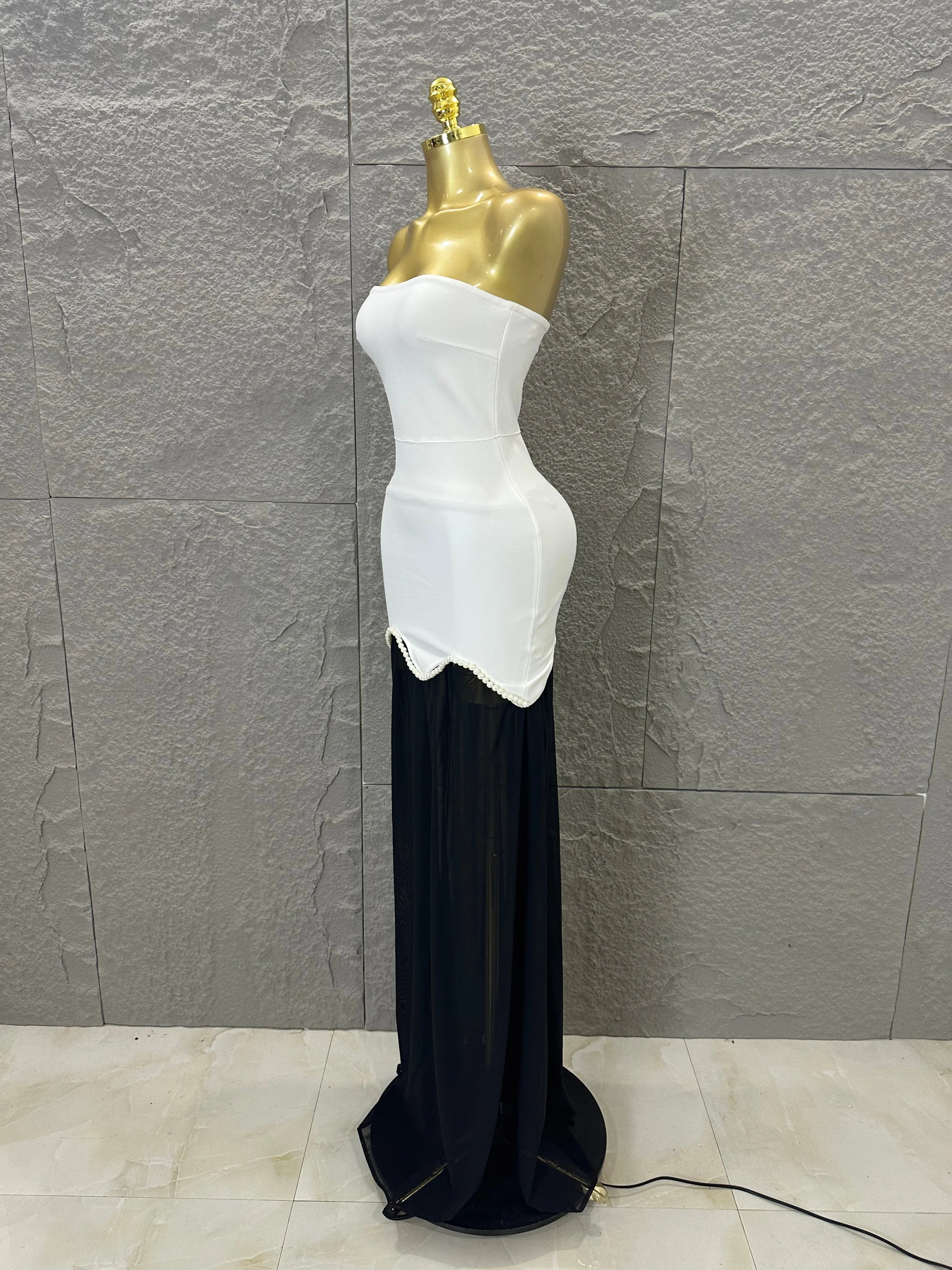 Sexy Black White Maxi Dress Women Sexy Strapless Pearl Embellished Sheer Tulle Bodycon Outfit Formal Event Evening Party Costume