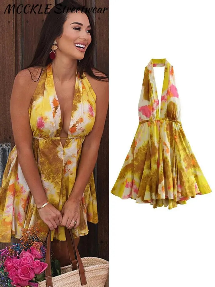 Floral Printed Beach Dress Women Mini Sexy Deep V-neck Backless Halter Female Dresses Summer Vacation Sleeveless Short Robe