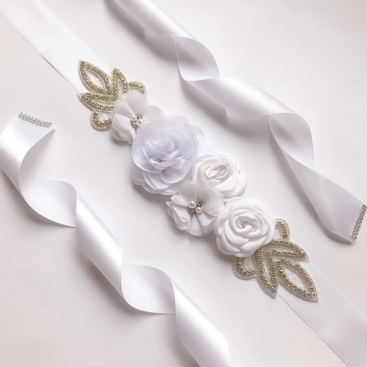 Wedding Accessories Bridal Belts Satin Flower Sash Woman Girl Belts Flower Bead Belts Floral Belt Wedding Rhinestone Flower Belt 1-White