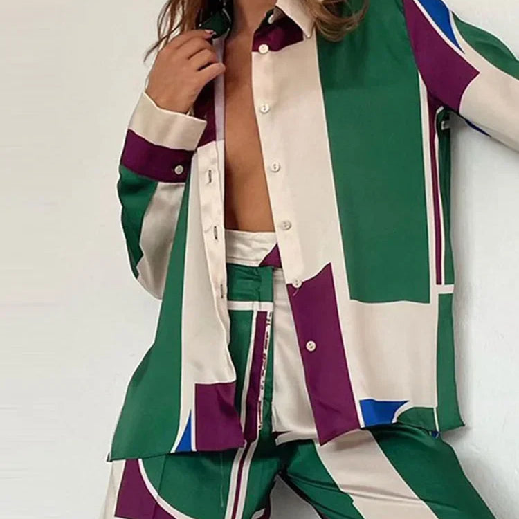QNPQYX Fashion Printed Long Sleeve Shirt 2 Piece Set Women Loose Turndown Collar Tops Suits Female Casual Straight Pants Outfis
