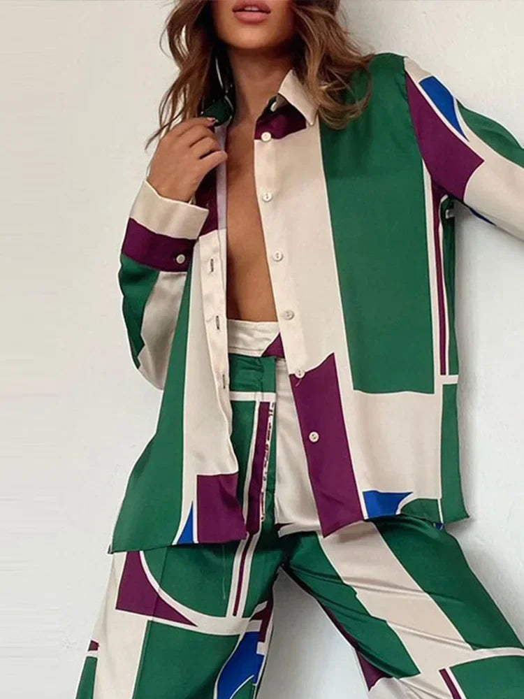 QNPQYX Fashion Printed Long Sleeve Shirt 2 Piece Set Women Loose Turndown Collar Tops Suits Female Casual Straight Pants Outfis