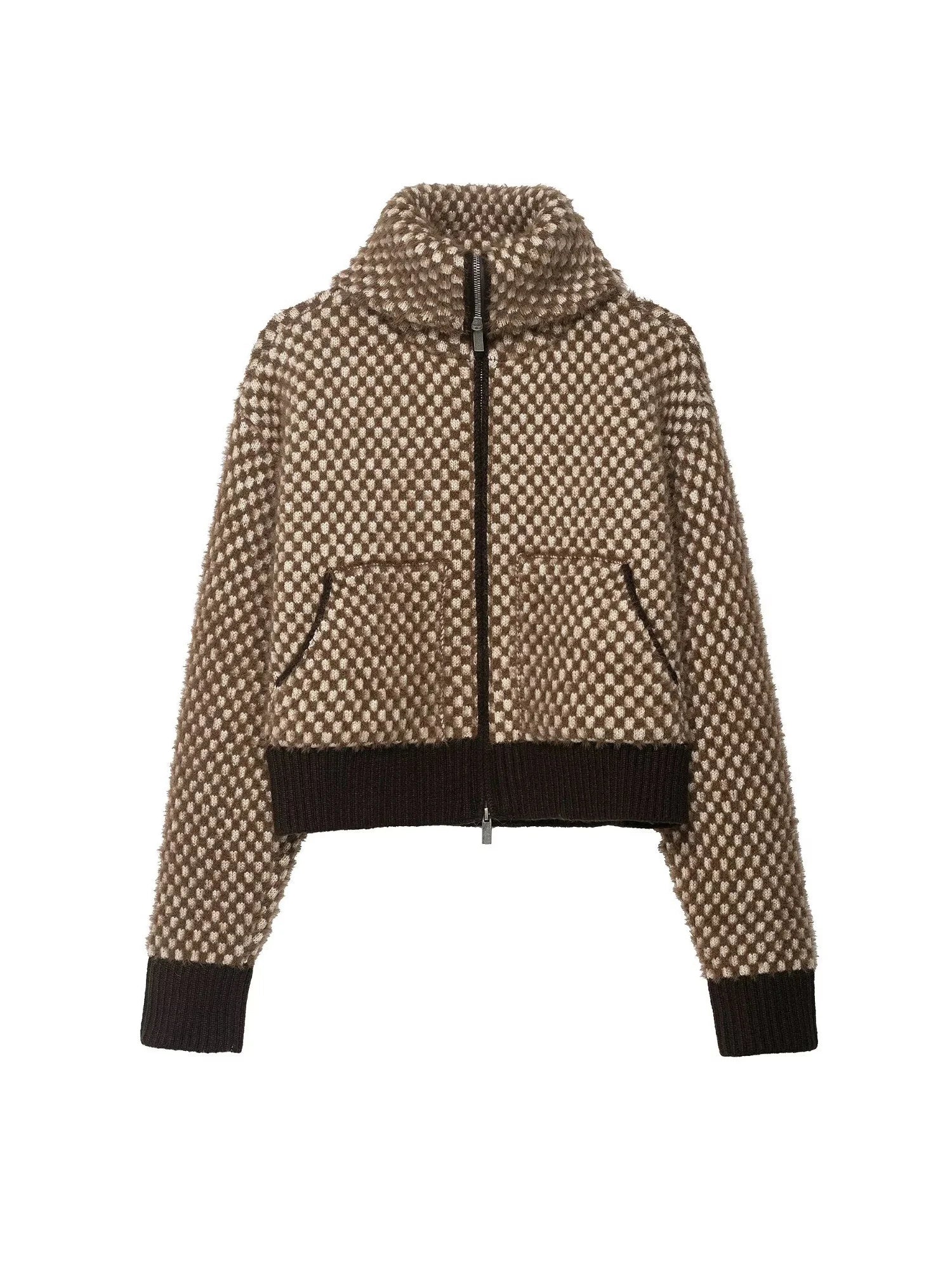 Autumn and winter loose and slim sweater jacket with artificial fur effect high collar zipper sweater jacket jacket light brown