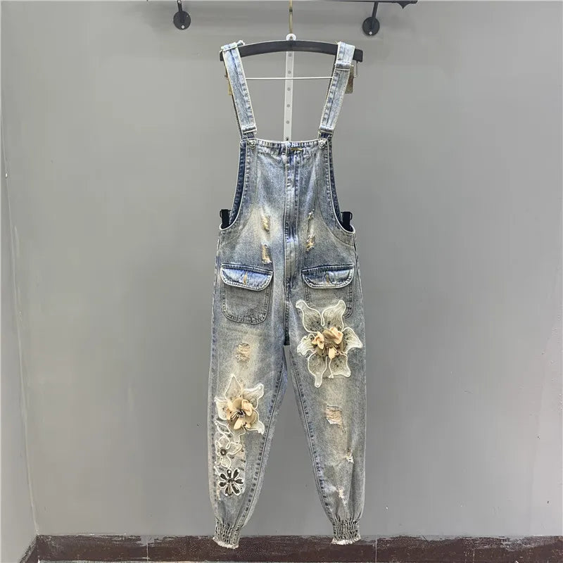 Spring 2023 New Heavy Industry Beads Three-Dimensional Flower Suspender Denim Jeans Casual Romper Skinny Jeans Jumpsuit Women Blue